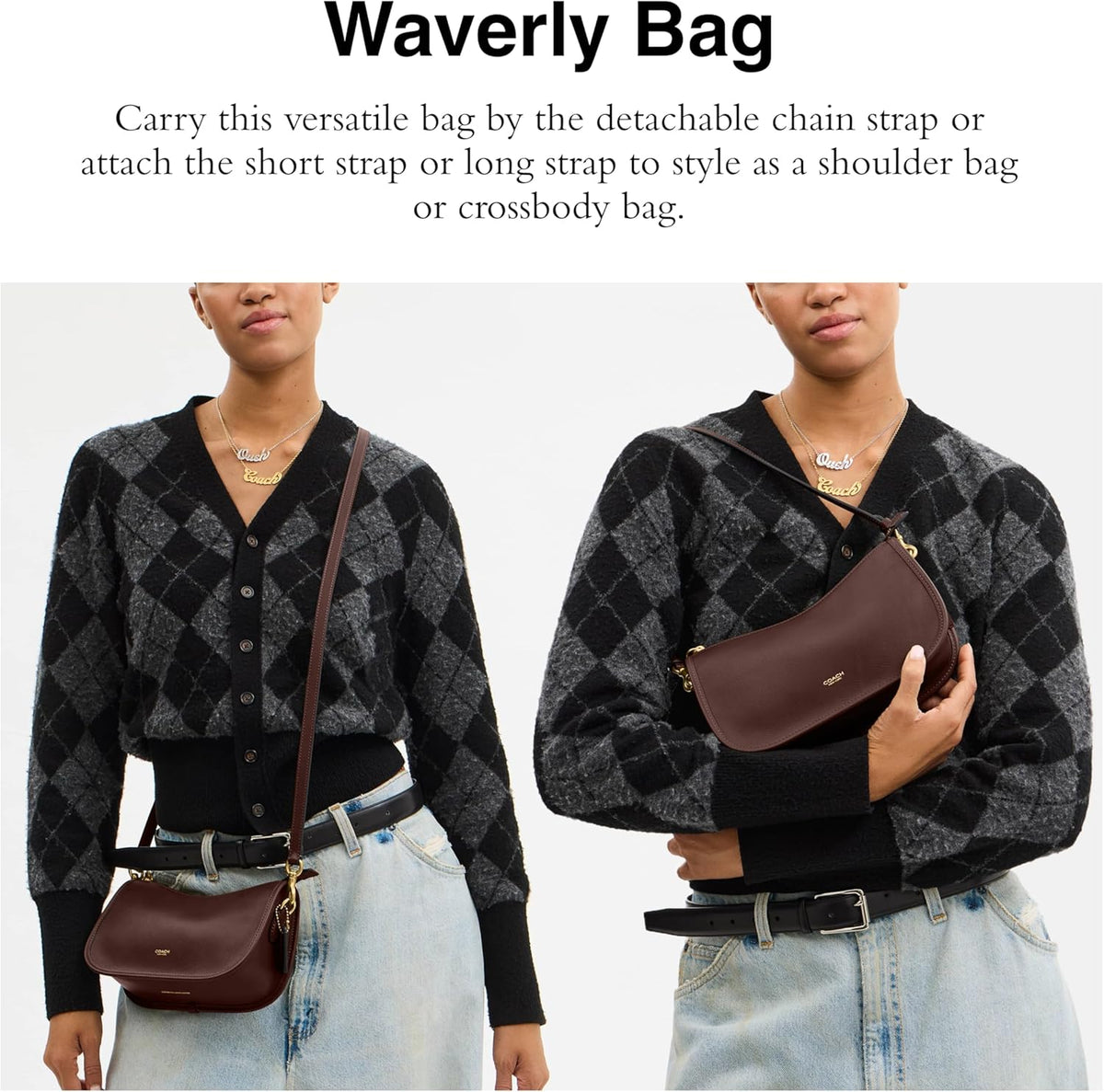 Brown leather hobo bag with detachable chain strap worn crossbody on a model.
