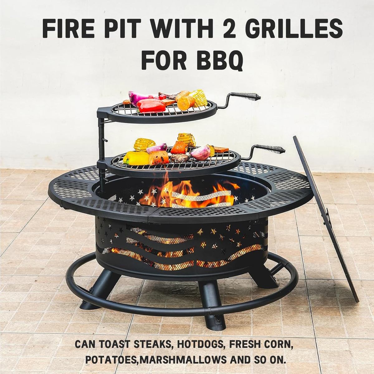 Outdoor fire pit grill with two grates, burning fire in round bowl, and side tool