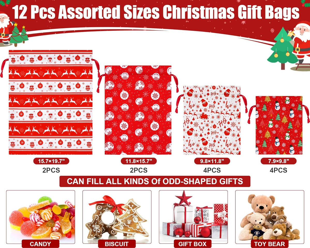 Assorted Christmas gift bags set with drawstring tops and hanging tags