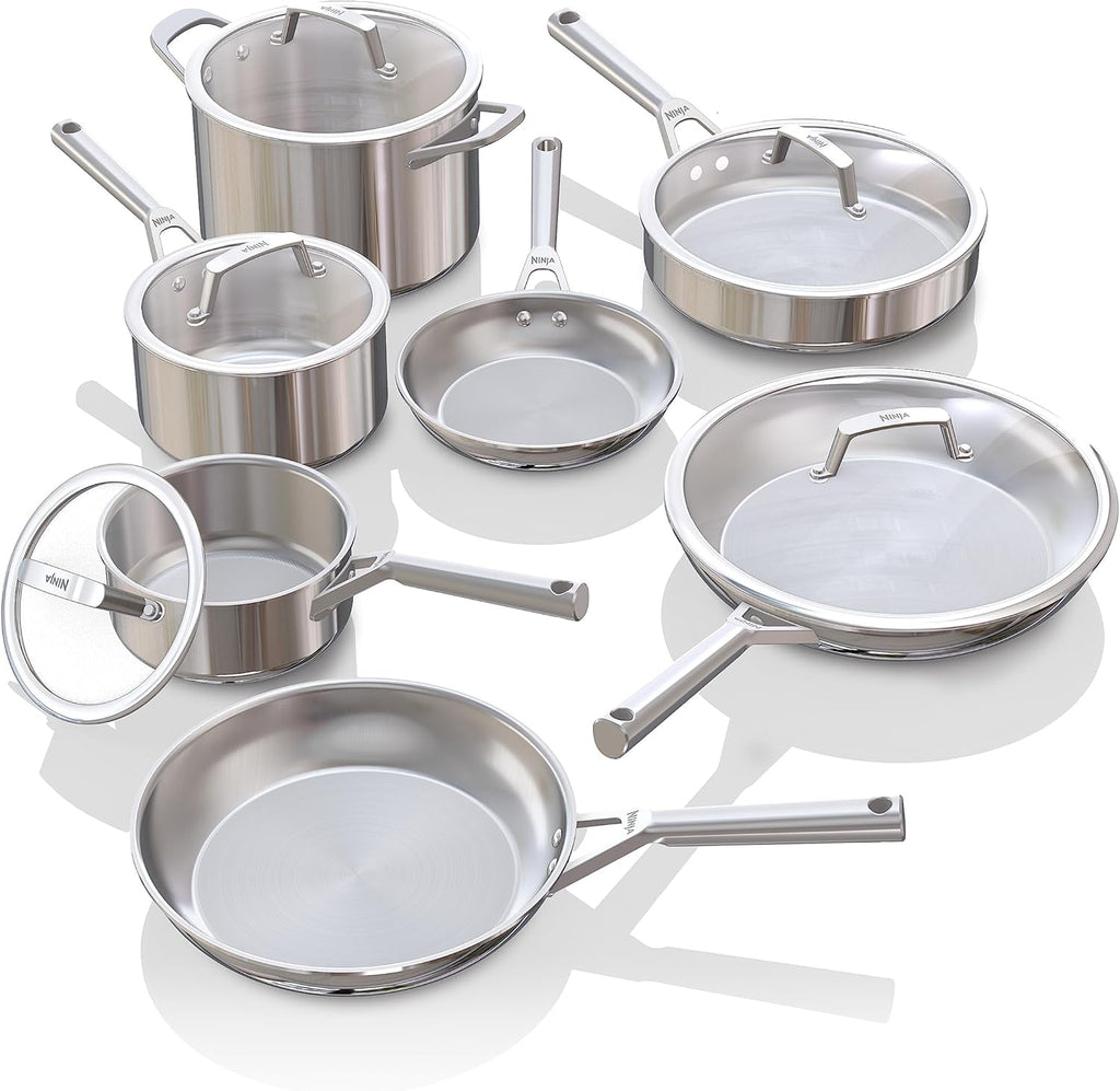 Stainless steel pots and pans set with matching lids and long handles