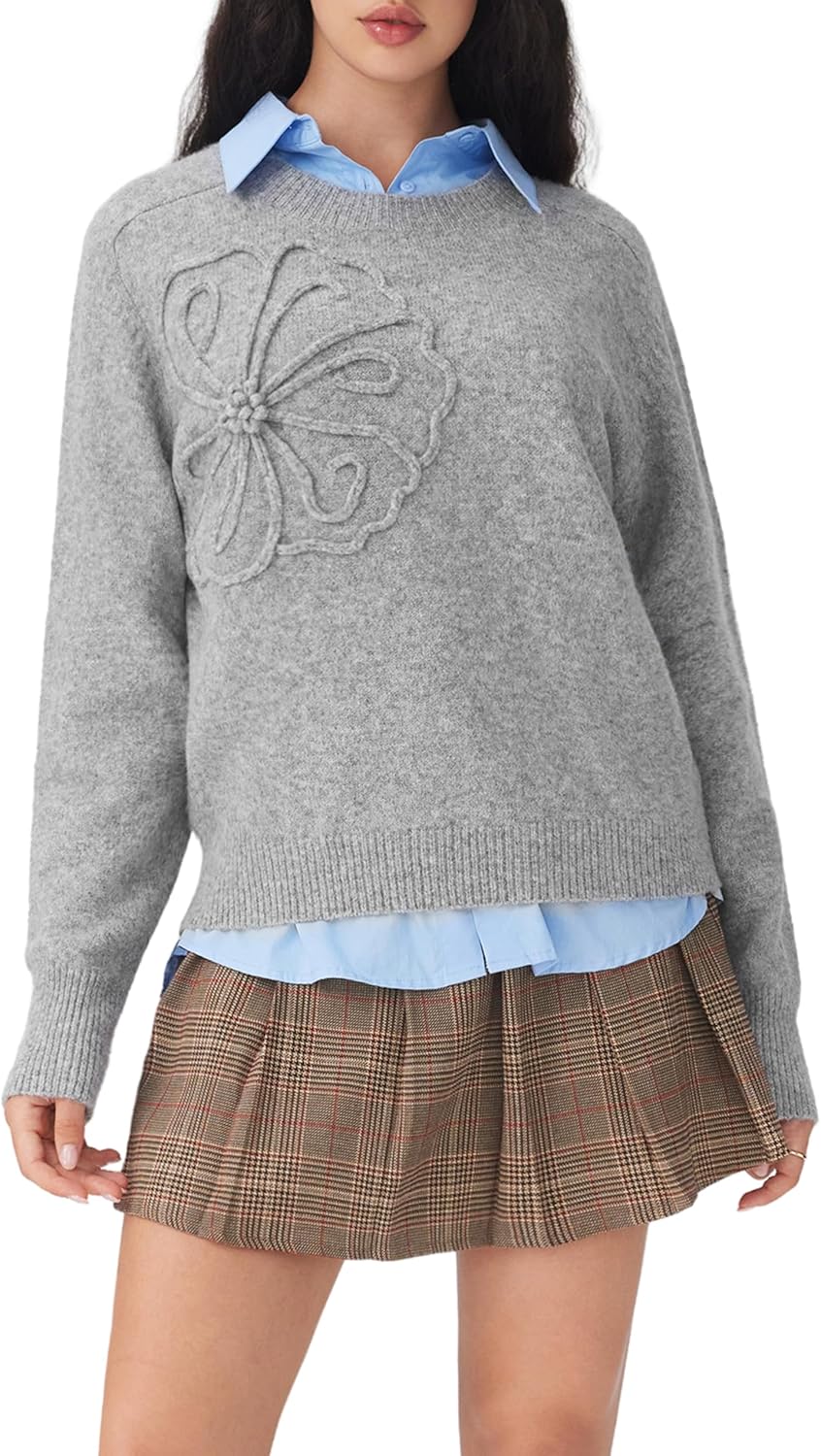 Gray crew-neck sweater with embossed floral design; long sleeves and ribbed cuffs