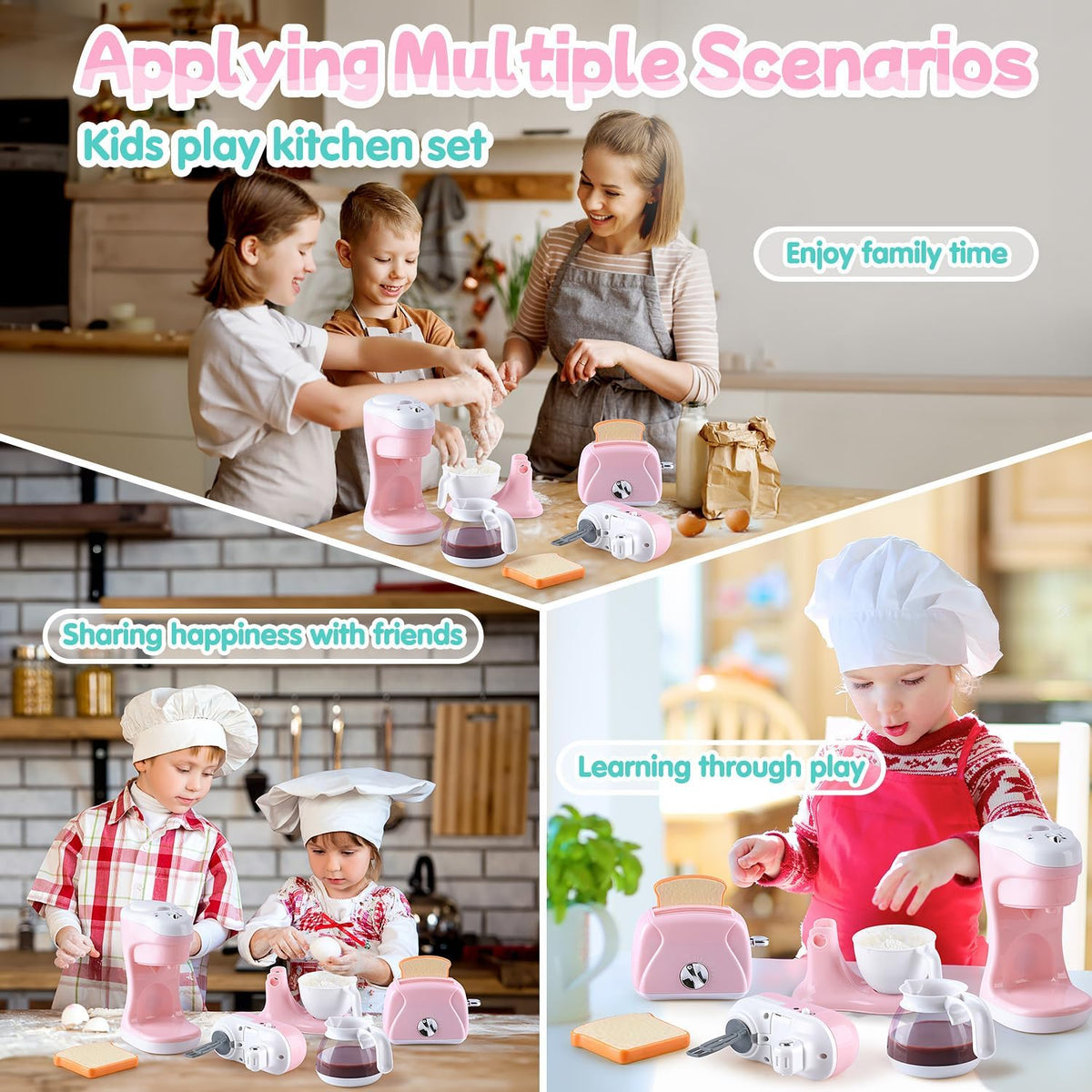 Kids pretend kitchen set with pink mixer, coffee maker, and toaster for play