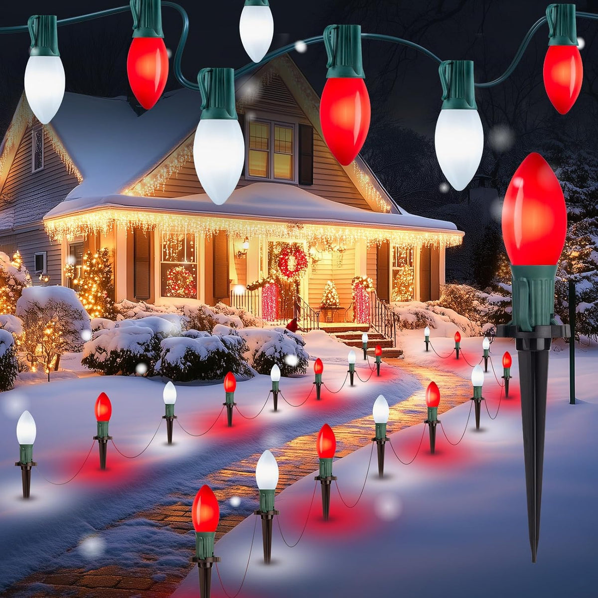 Outdoor pathway stake lights with red and white bulbs on stakes, connected cord