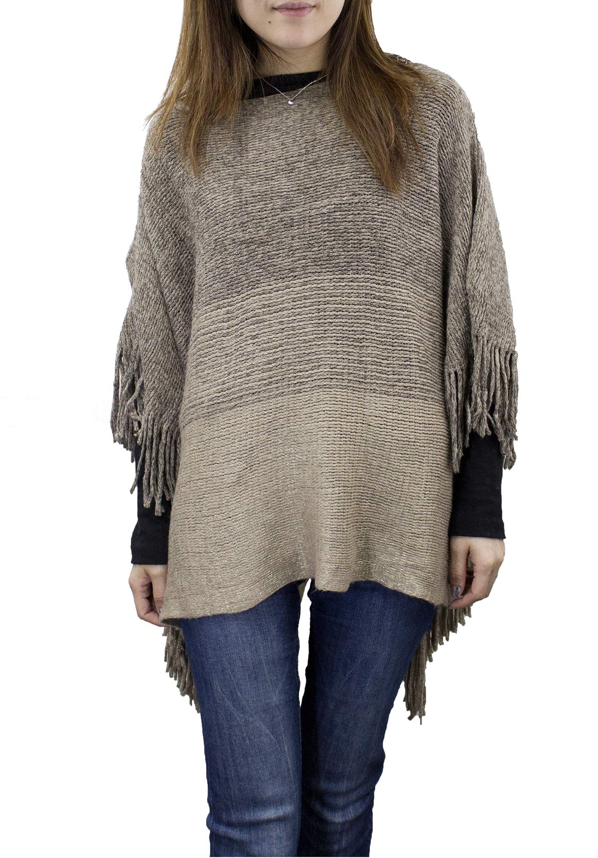Two-tone knit batwing poncho cardigan with fringe hem, loose draped wrap top