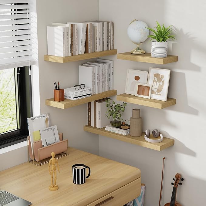Oak floating shelf set of 2 arranged in staggered wall layout with concealed brackets