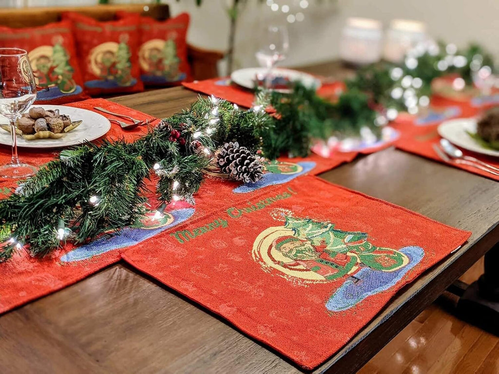Red woven tapestry table runner with Santa sleigh scene