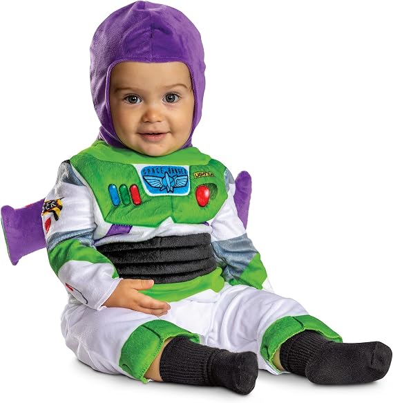Infant space ranger costume with purple hood and green chest panel