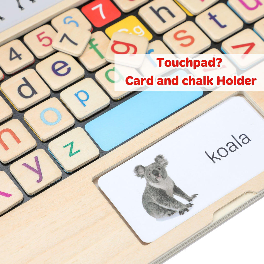 Wooden learning laptop touchpad with koala card and chalk holder