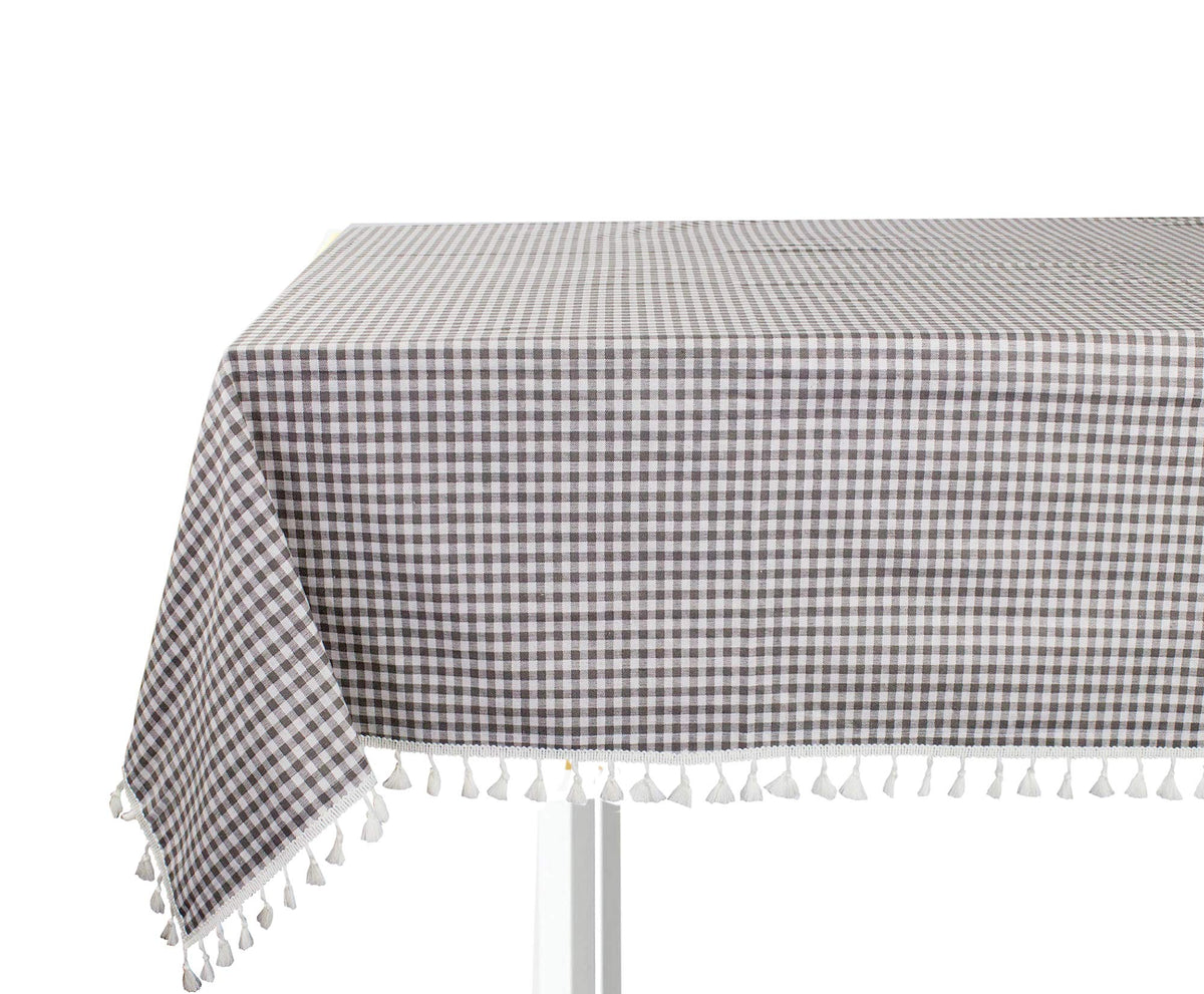 Cotton blend tablecloth with brown and white gingham check pattern and tassel fringe