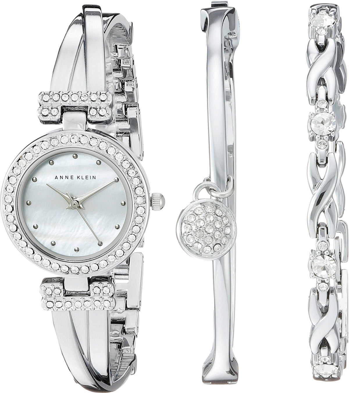 Crystal-accent bangle watch and bracelet set in silver tone with light dial.