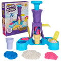 Kinetic sand station with purple funnel, blue base, and ice-cream molds