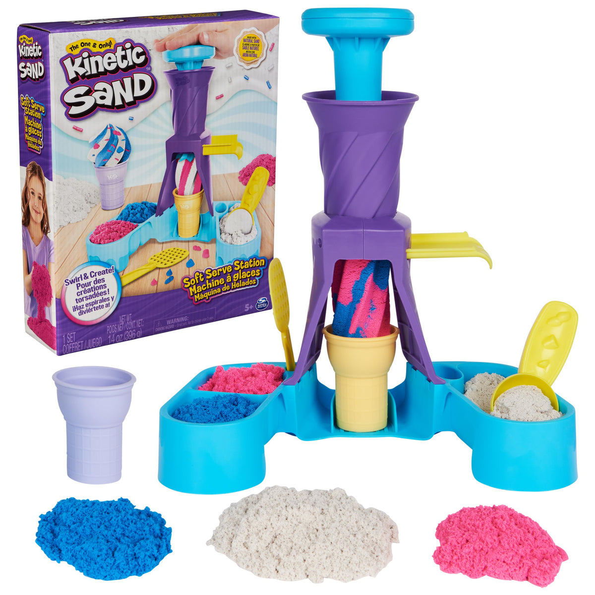 Kinetic sand station with purple funnel, blue base, and ice-cream molds