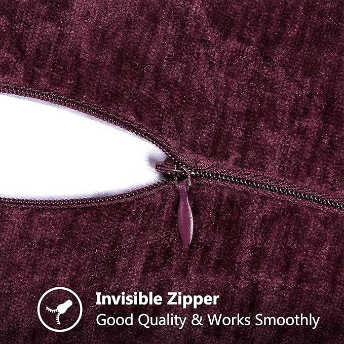 Plum chenille pillow cover with hidden zipper along the side seam