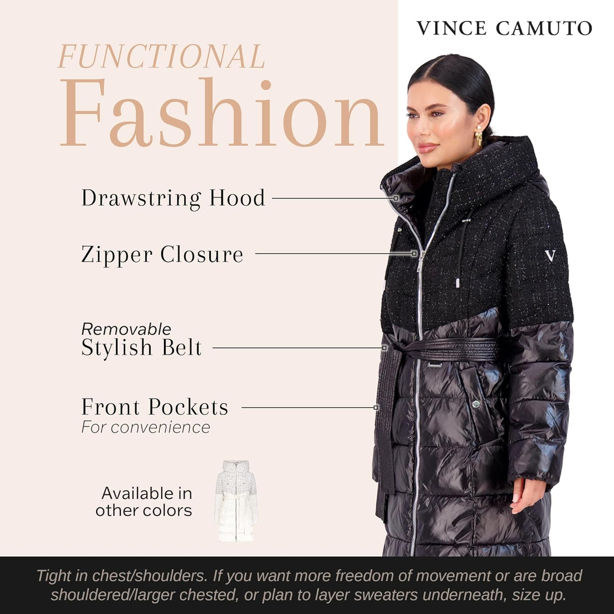 Black hooded puffer jacket with drawstring hood, zip front, and removable stylish belt.