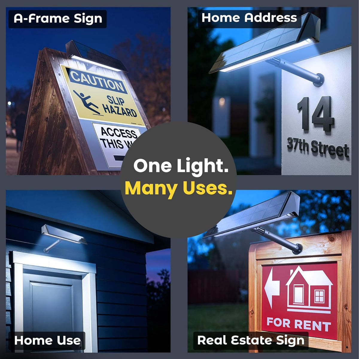 Solar sign flood light at home, real estate, and A-frame sign mounting views