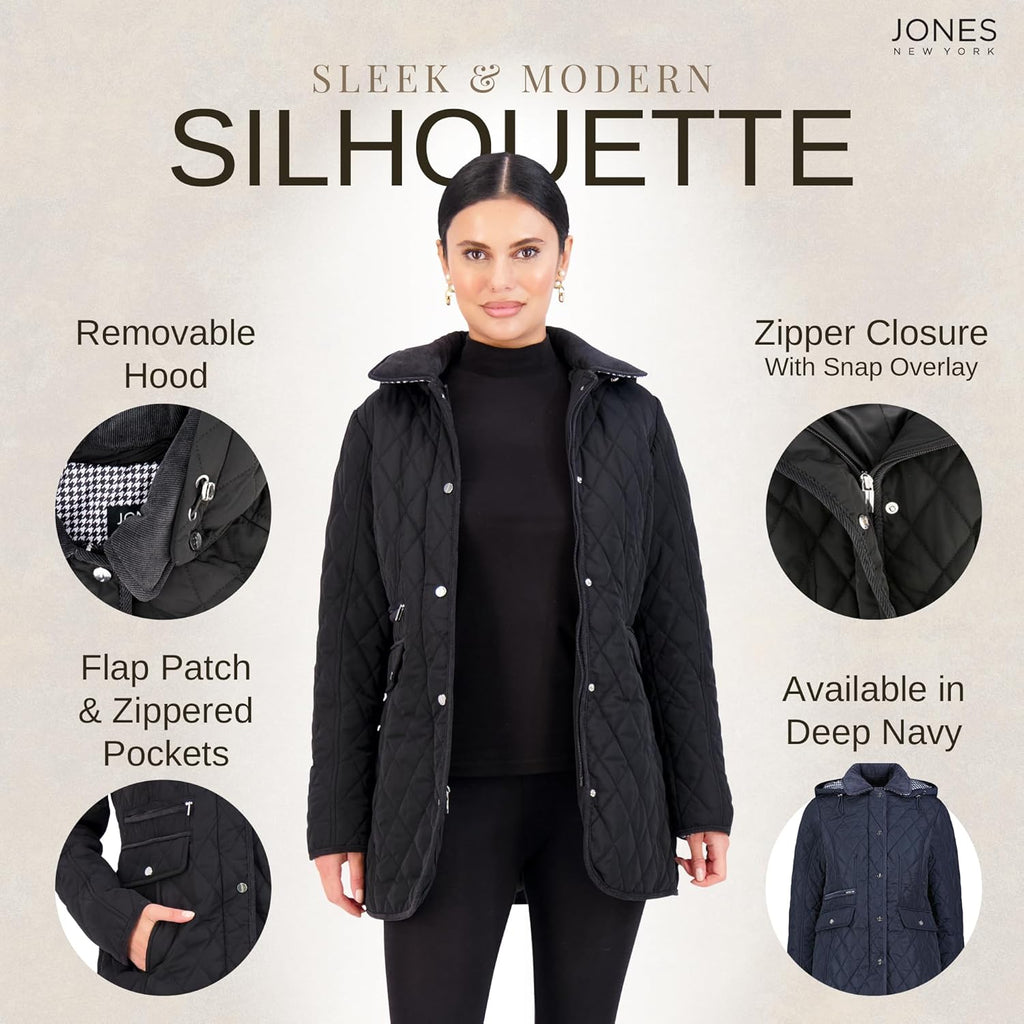 Black quilted hooded jacket with snap-button closure, flap patch and zippered pockets