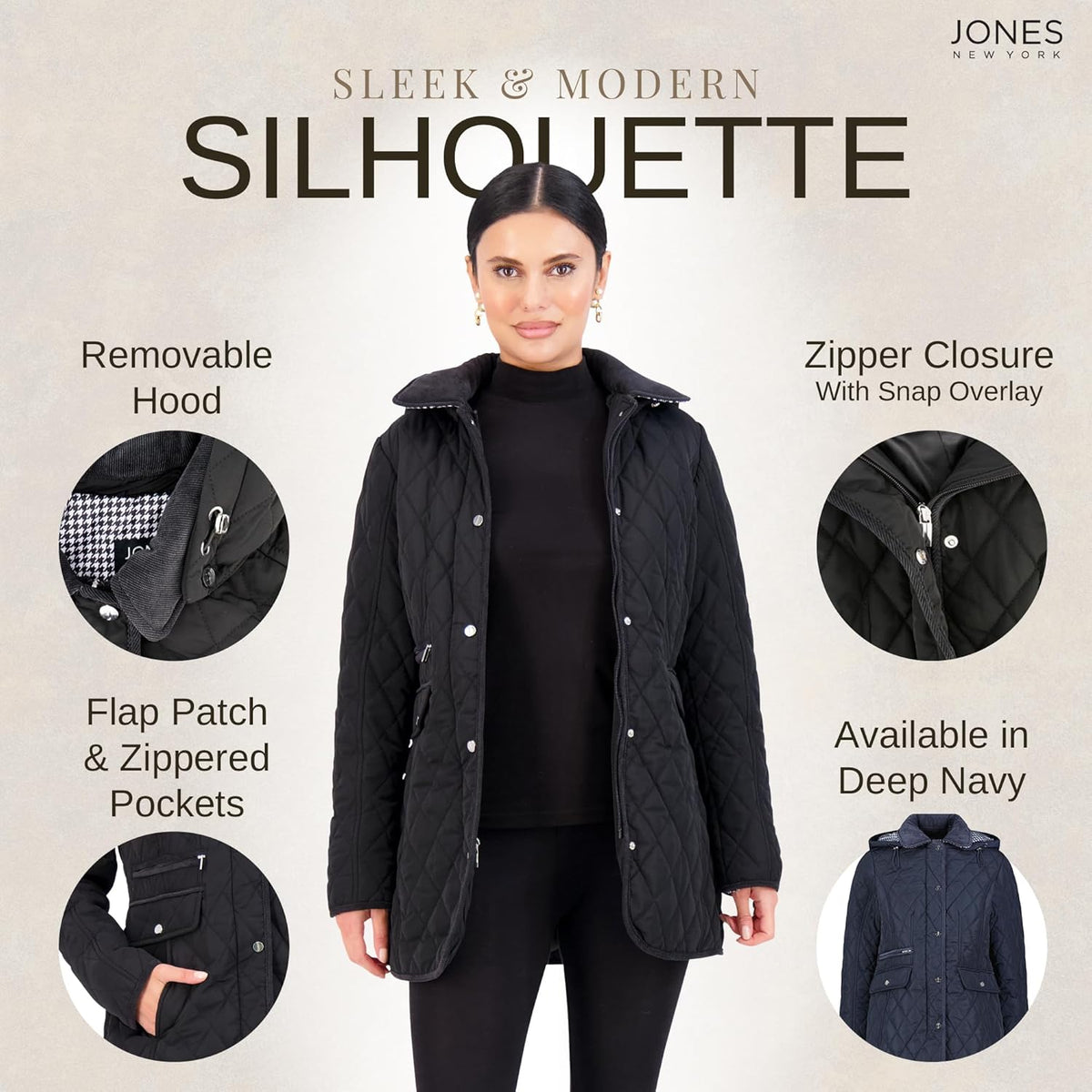 Black quilted hooded jacket with snap-button closure, flap patch and zippered pockets