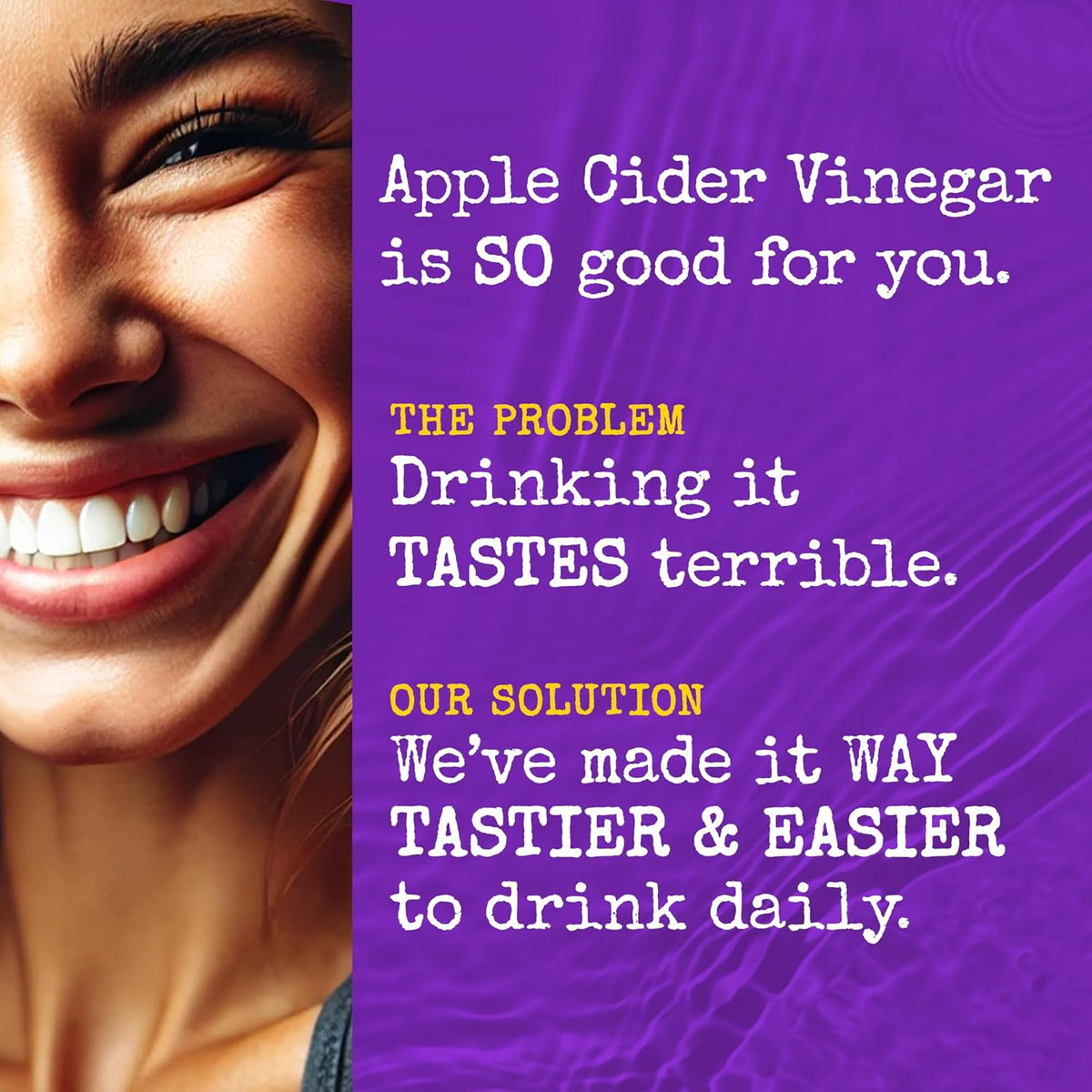 Apple cider vinegar wellness shot promotional panel with purple text layout