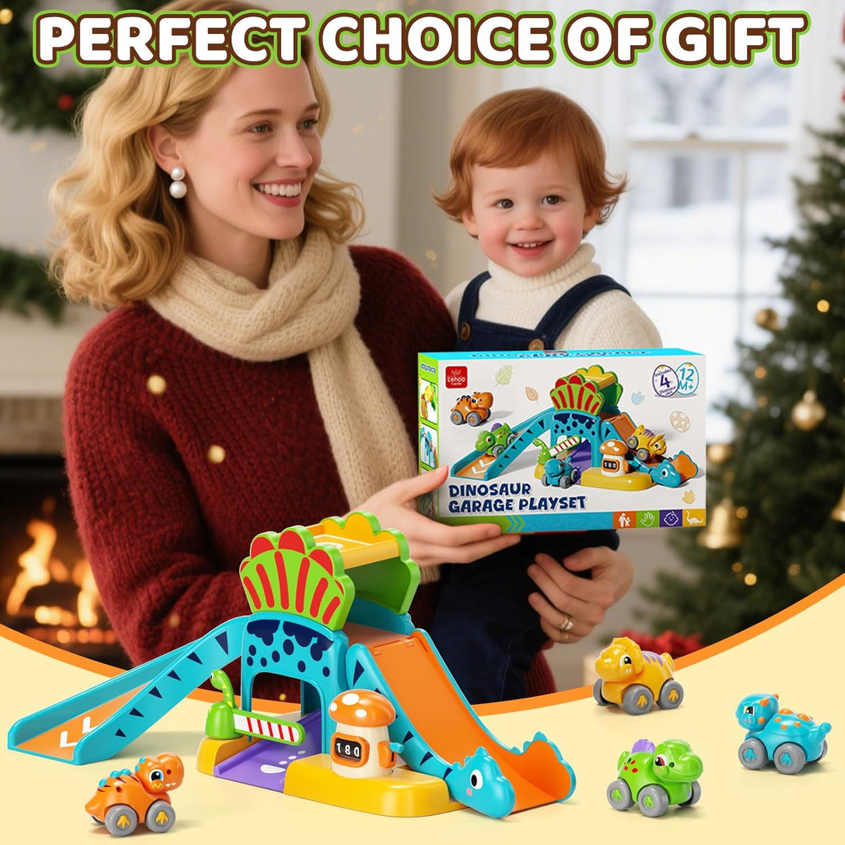 Dinosaur garage slide toy set with four mini cars in retail gift box