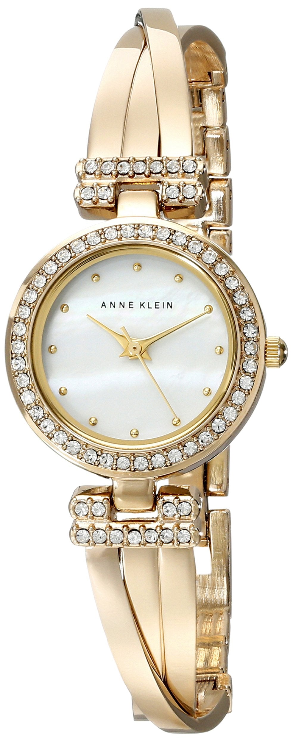 Gold-tone crystal bangle watch with white dial and matching bracelet.