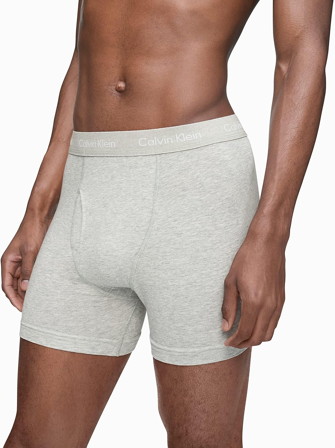 Men's Calvin Klein cotton stretch boxer briefs, heather grey, logo waistband close-up
