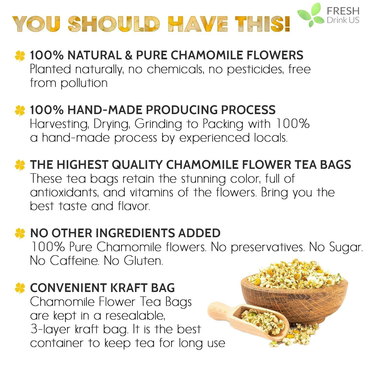 Chamomile tea bag information panel with hand-made process and ingredients