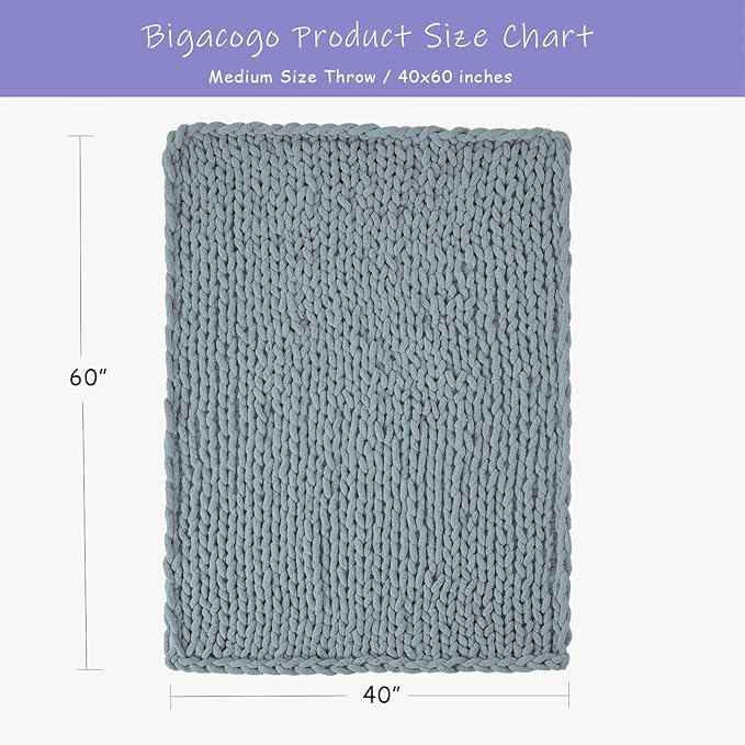 Dusty blue chunky knit throw blanket, 40 x 60 in rectangular knit design