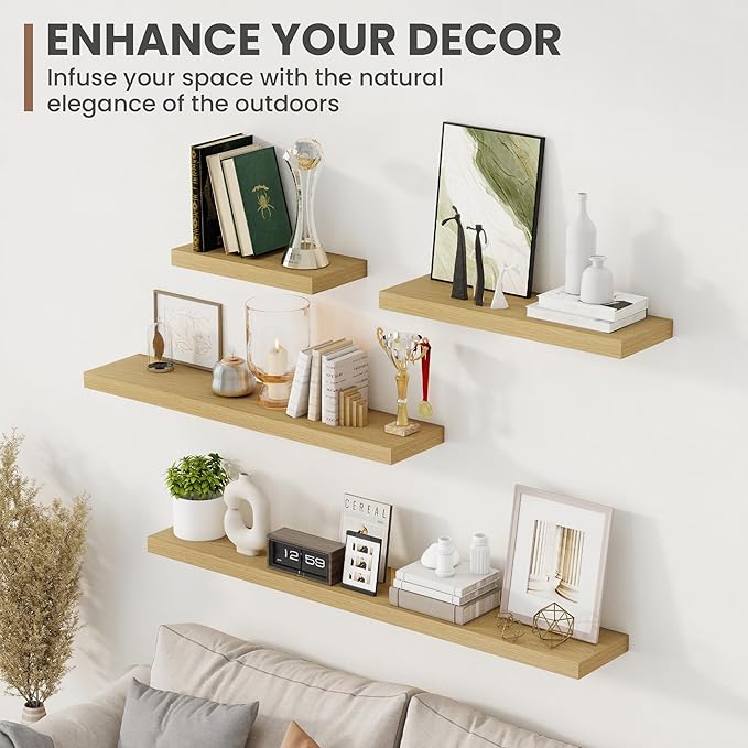 Oak deep floating shelves set of 2 displaying decor items on multiple levels