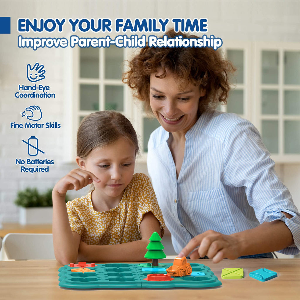 Logic puzzle toy board with colorful pieces on table for parent-child play