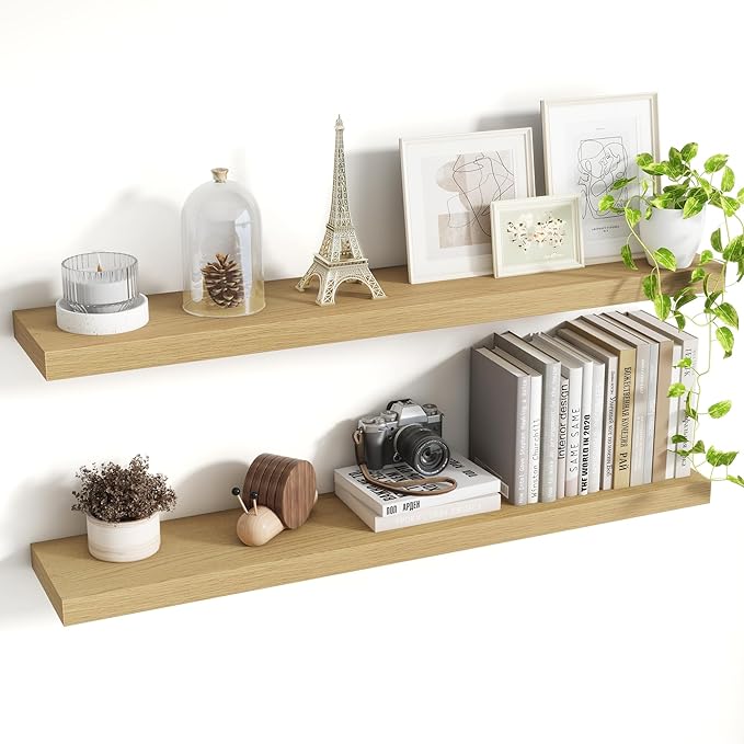 Oak floating wall shelf set of 2 with deep 8-inch design and invisible brackets