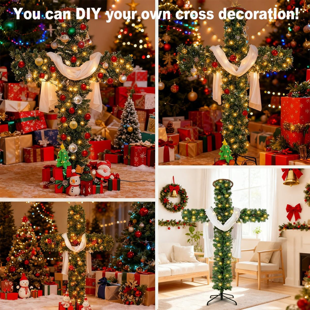 Pre-lit cross-shaped artificial pine tree with white drapes and warm lights, ready for display