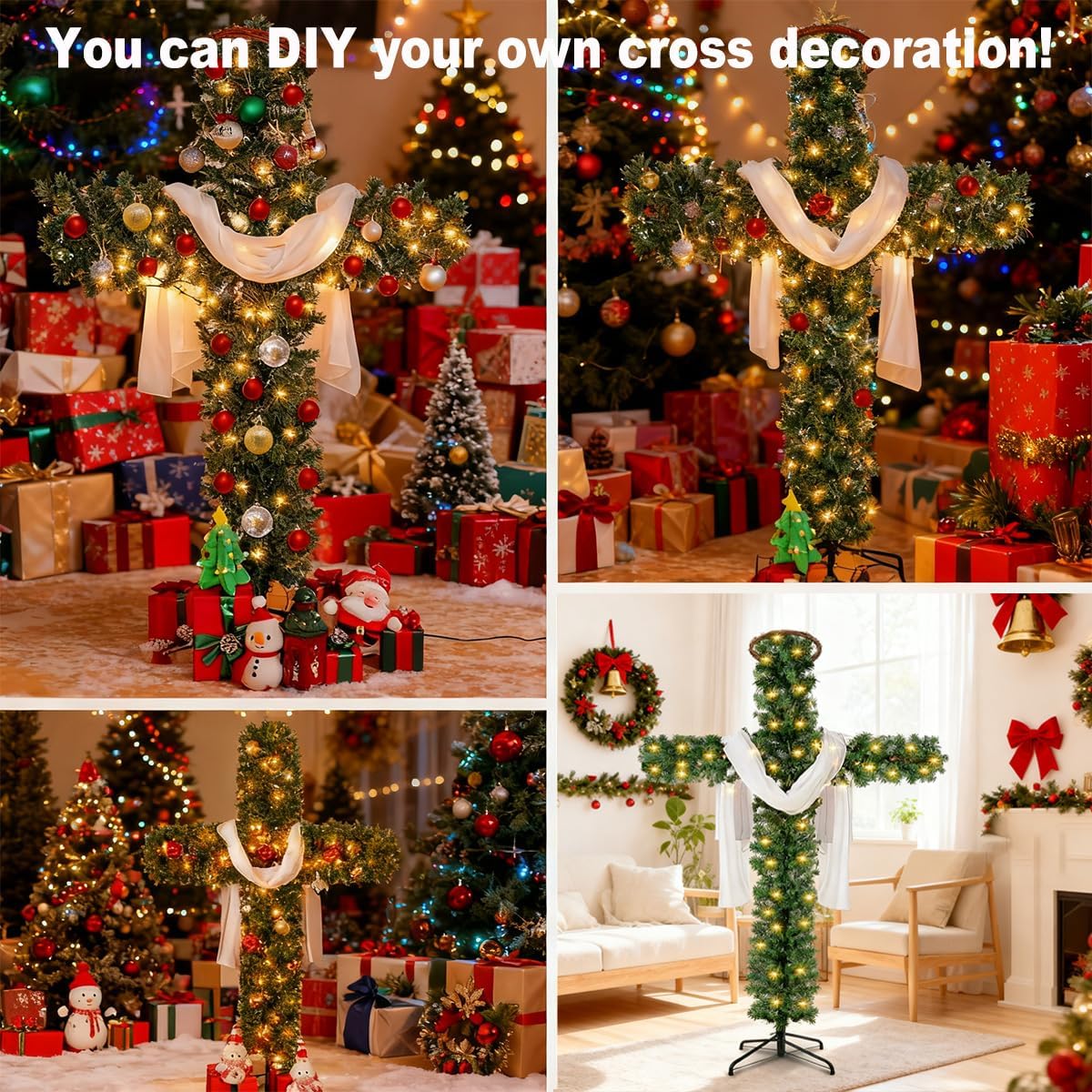 Pre-lit cross-shaped artificial pine tree with white drapes and warm lights, ready for display