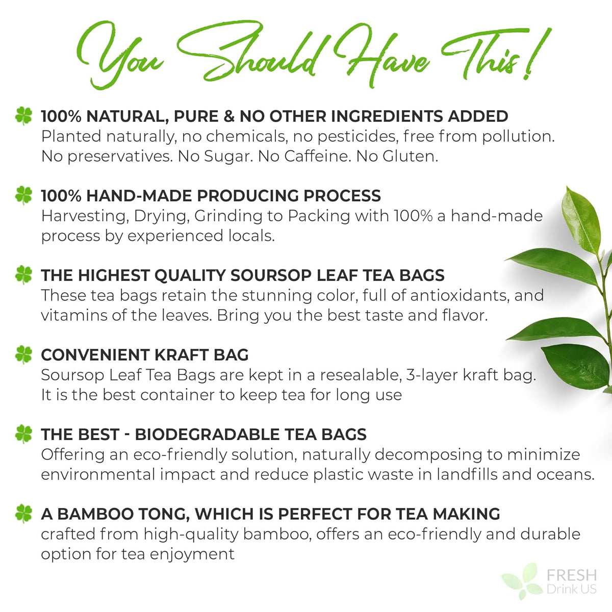 Soursop leaf tea bags information card on green kraft bag with leaf icons