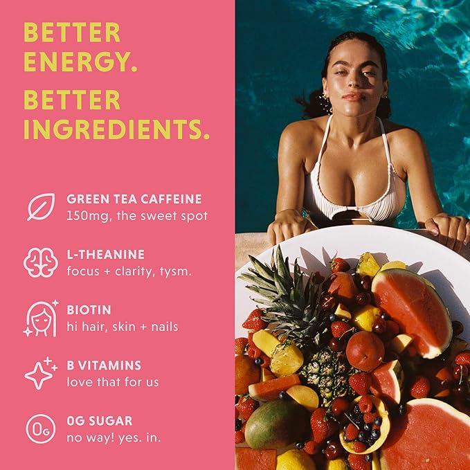 GORGIE energy drink mix ingredients panel featuring green tea caffeine and vitamins