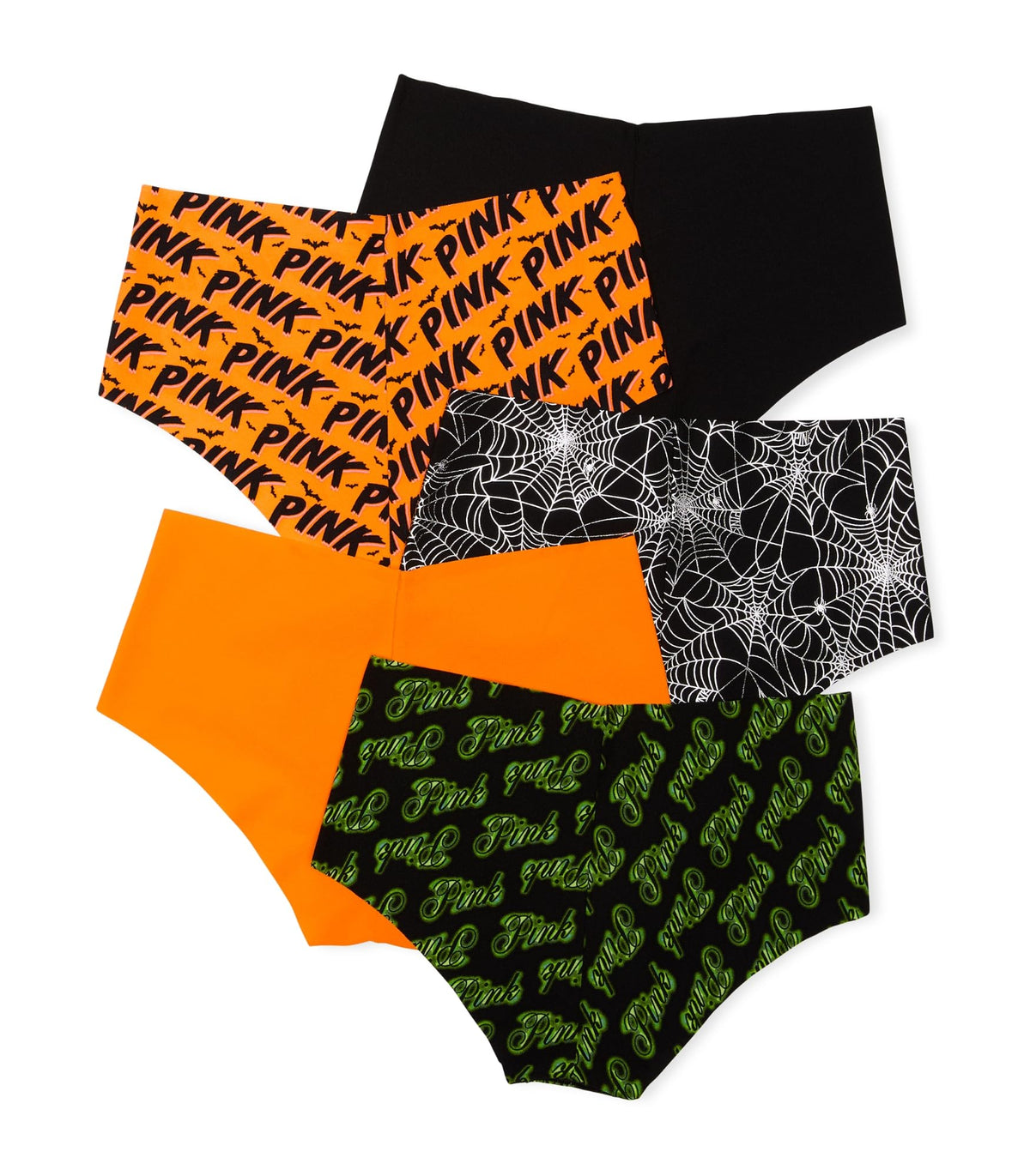 No-show cheeky panties 4-pack with orange pink text, spiderweb, green snake pattern