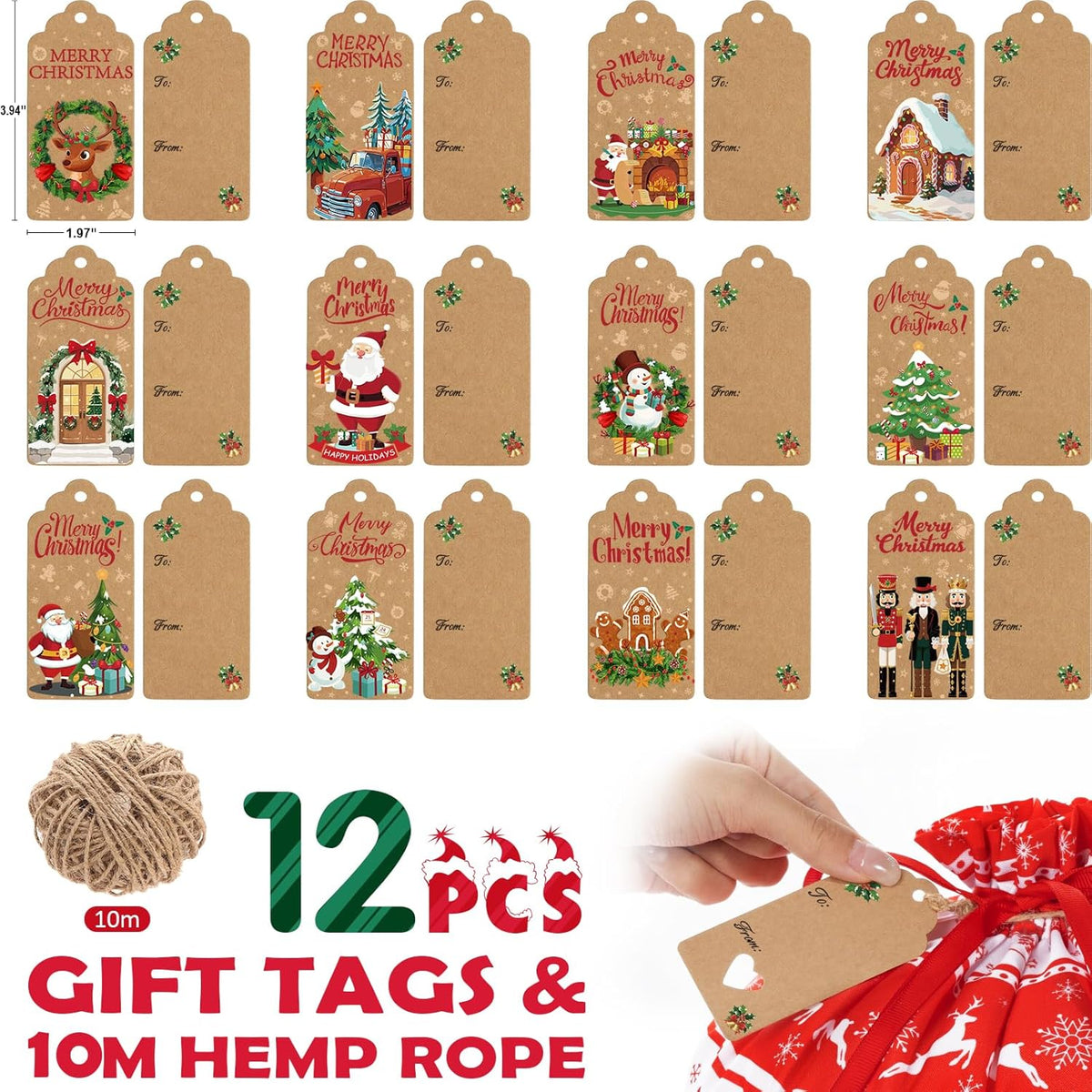 Christmas gift tags set on brown cards with Merry Christmas designs and hemp rope