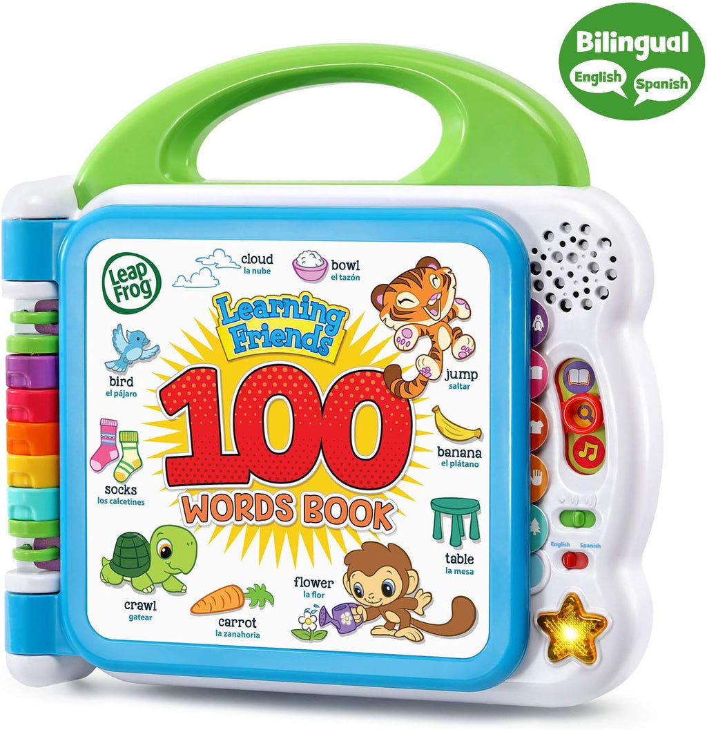 Green bilingual 100 words learning book toy with handle, speaker dots, and buttons
