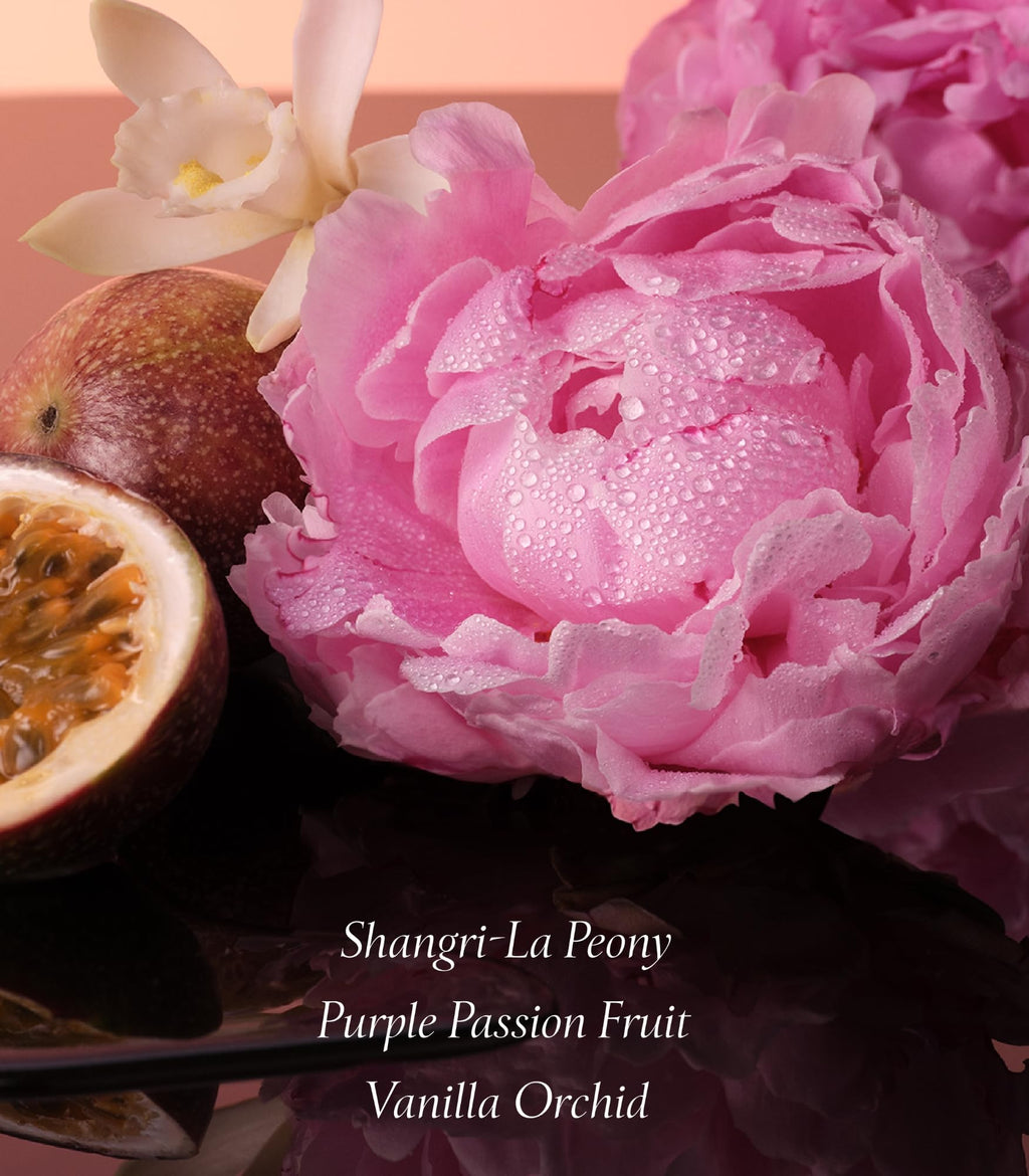 Perfume notes graphic: Purple Passion Fruit, Shangri-La Peony, Vanilla Orchid