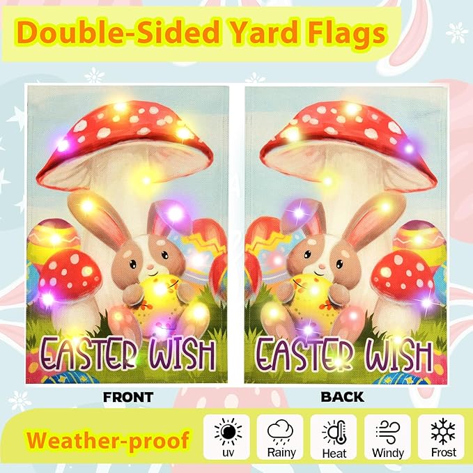 Double-sided Easter wish yard flag with bunny under colorful glowing mushrooms