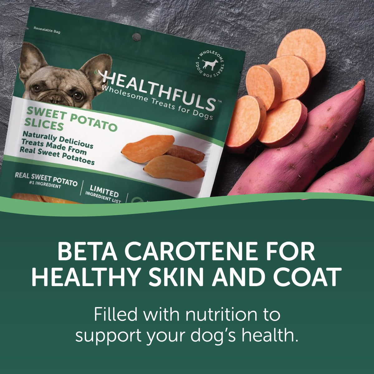 Healthfuls Sweet Potato Slices bag with sliced sweet potatoes for dog treats