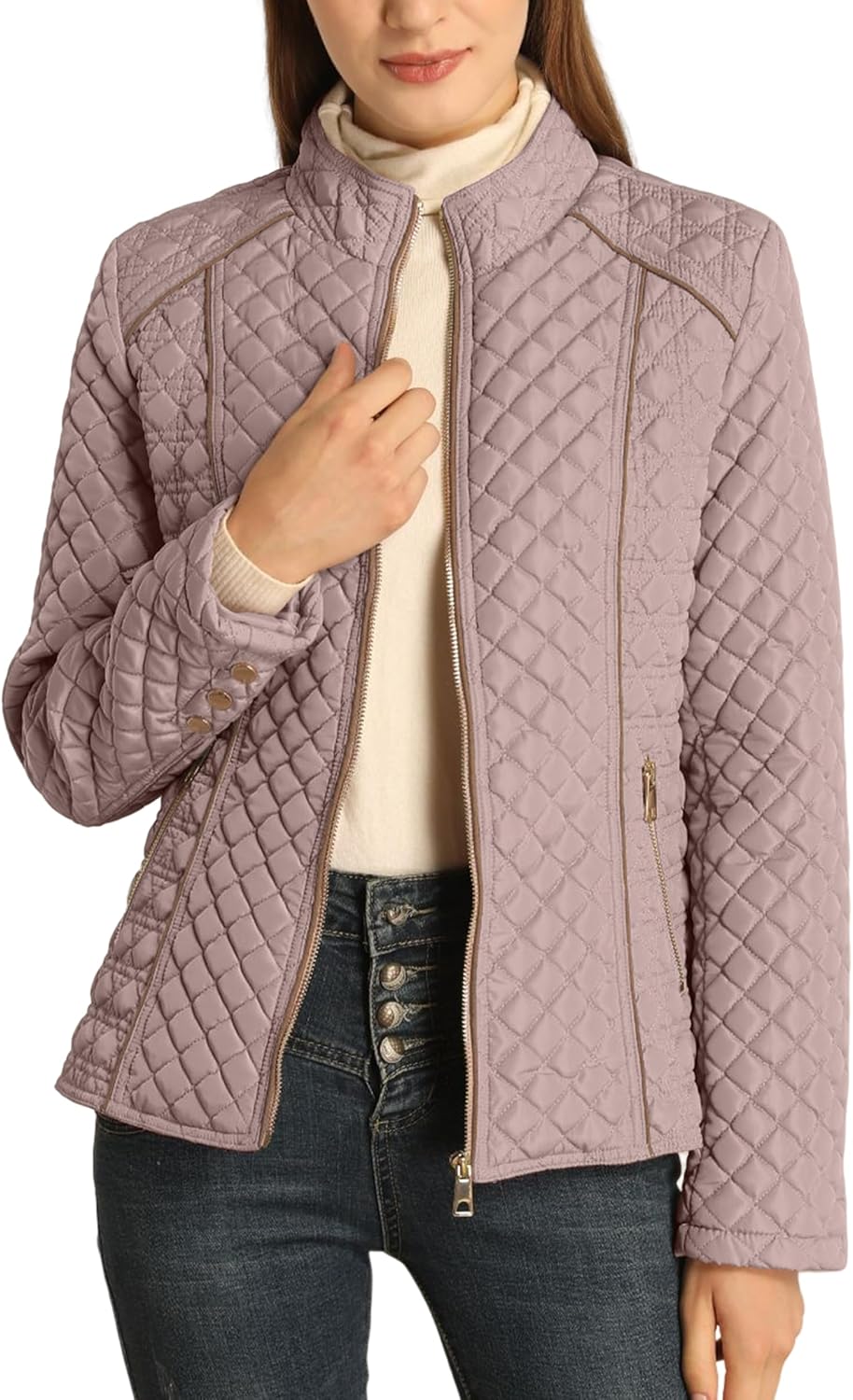 Lightweight quilted puffer jacket with stand collar, full zip, long sleeves in mauve.