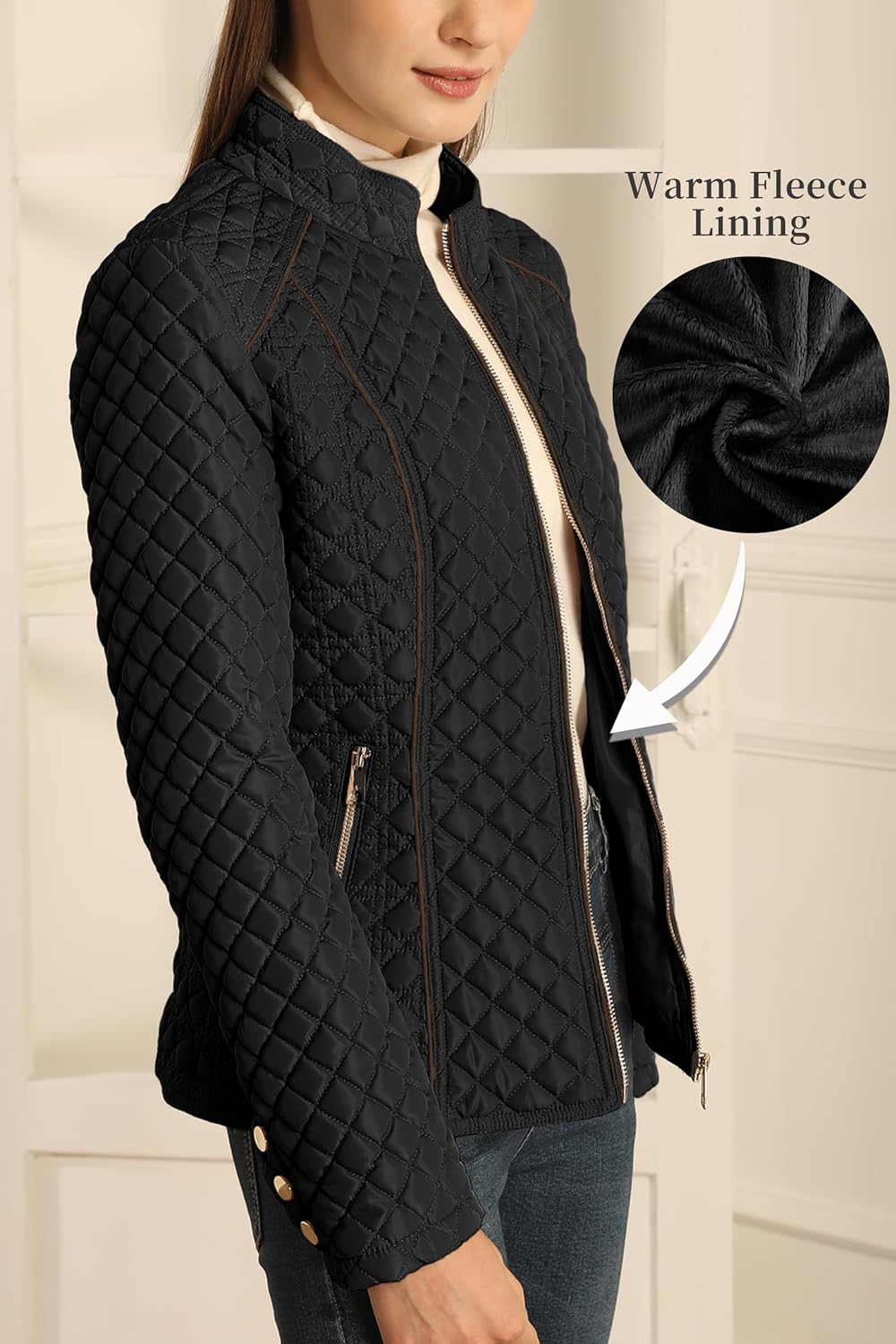 Black quilted stand-collar puffer jacket with front zip and fleece-lined look at interior