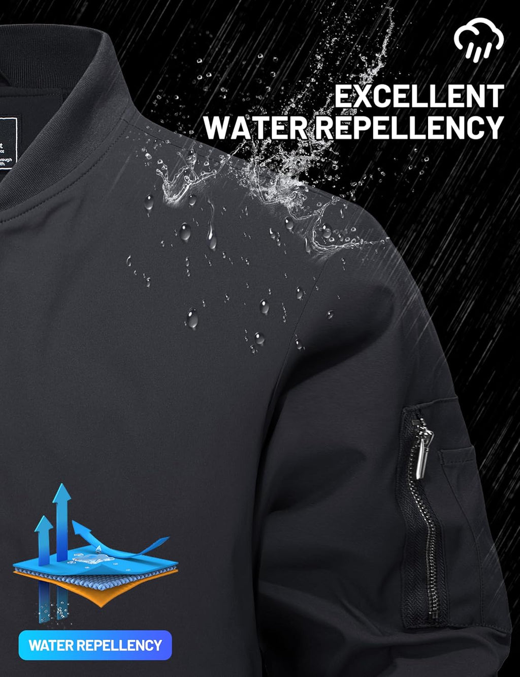 Men's dark jacket bomber with water-repellent finish and chest zip pocket