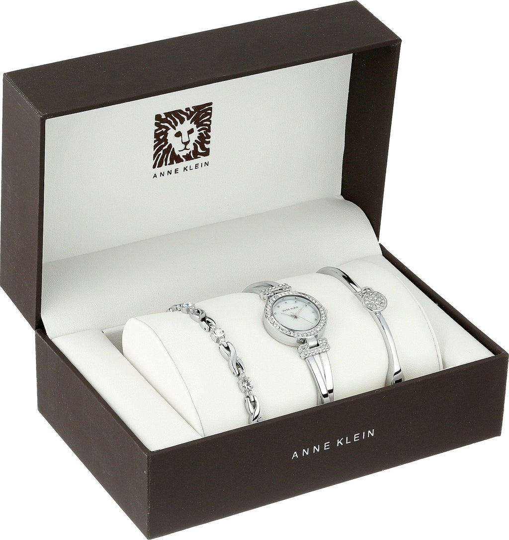 Silver-tone crystal accented bangle watch and bracelet set in gift box
