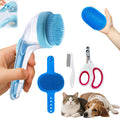 4-in-1 pet bath brush kit set with blue brush, comb, and stainless nail clippers