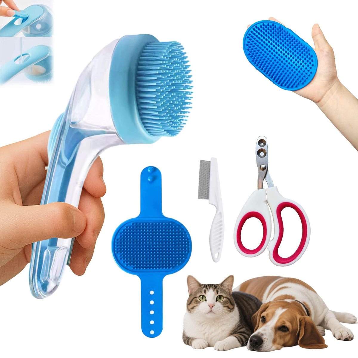 4-in-1 pet bath brush kit set with blue brush, comb, and stainless nail clippers