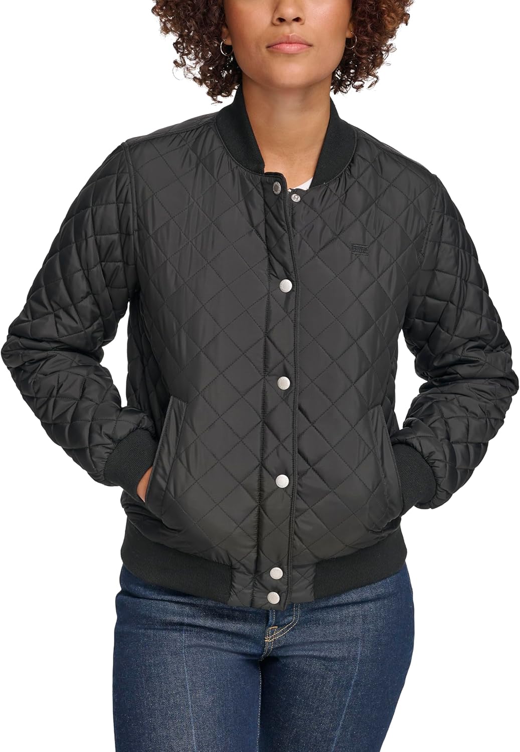 Levi's diamond-quilted bomber jacket, dark black, button front and side pockets