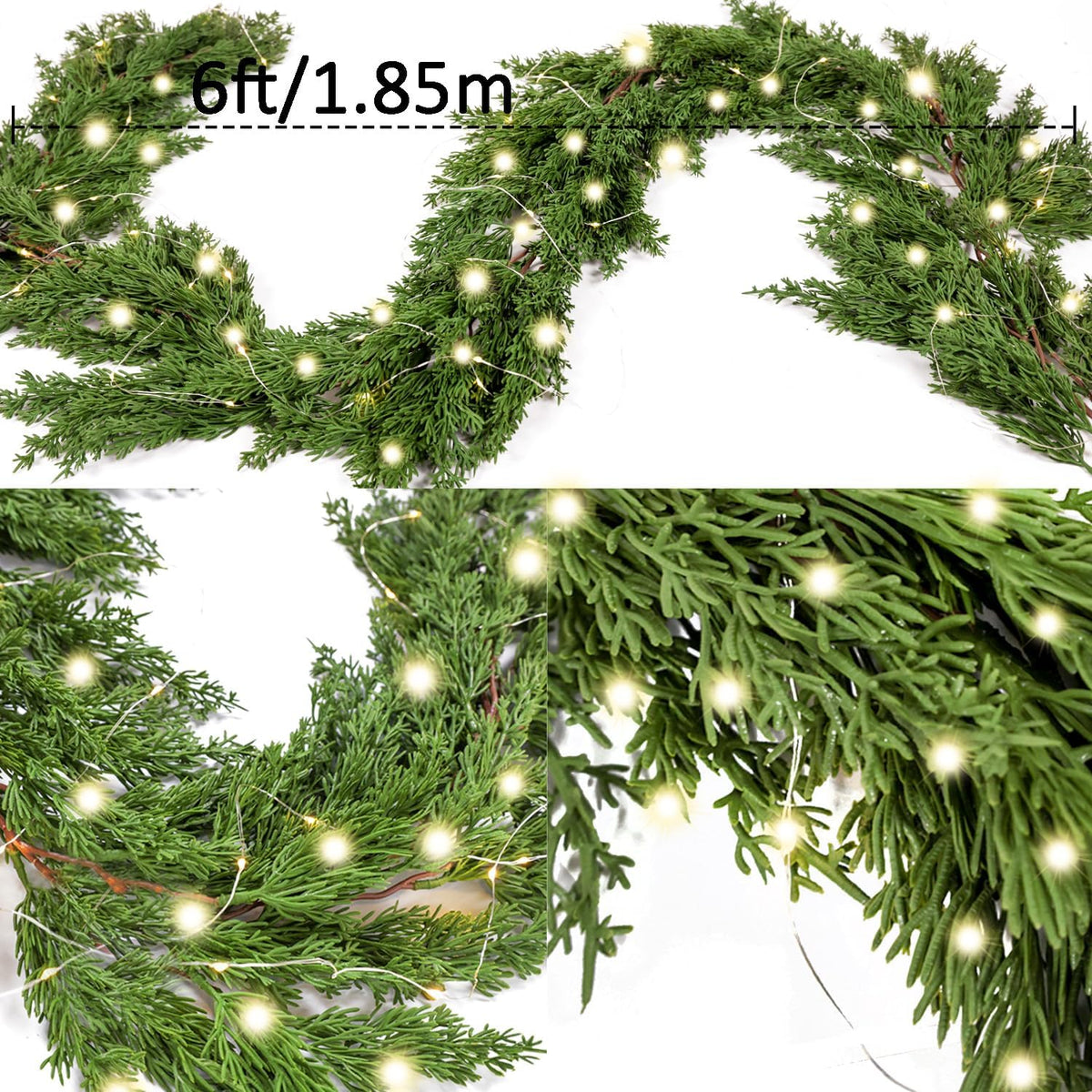 6 ft artificial pine and cypress garland with warm white LED lights, draped in a loop