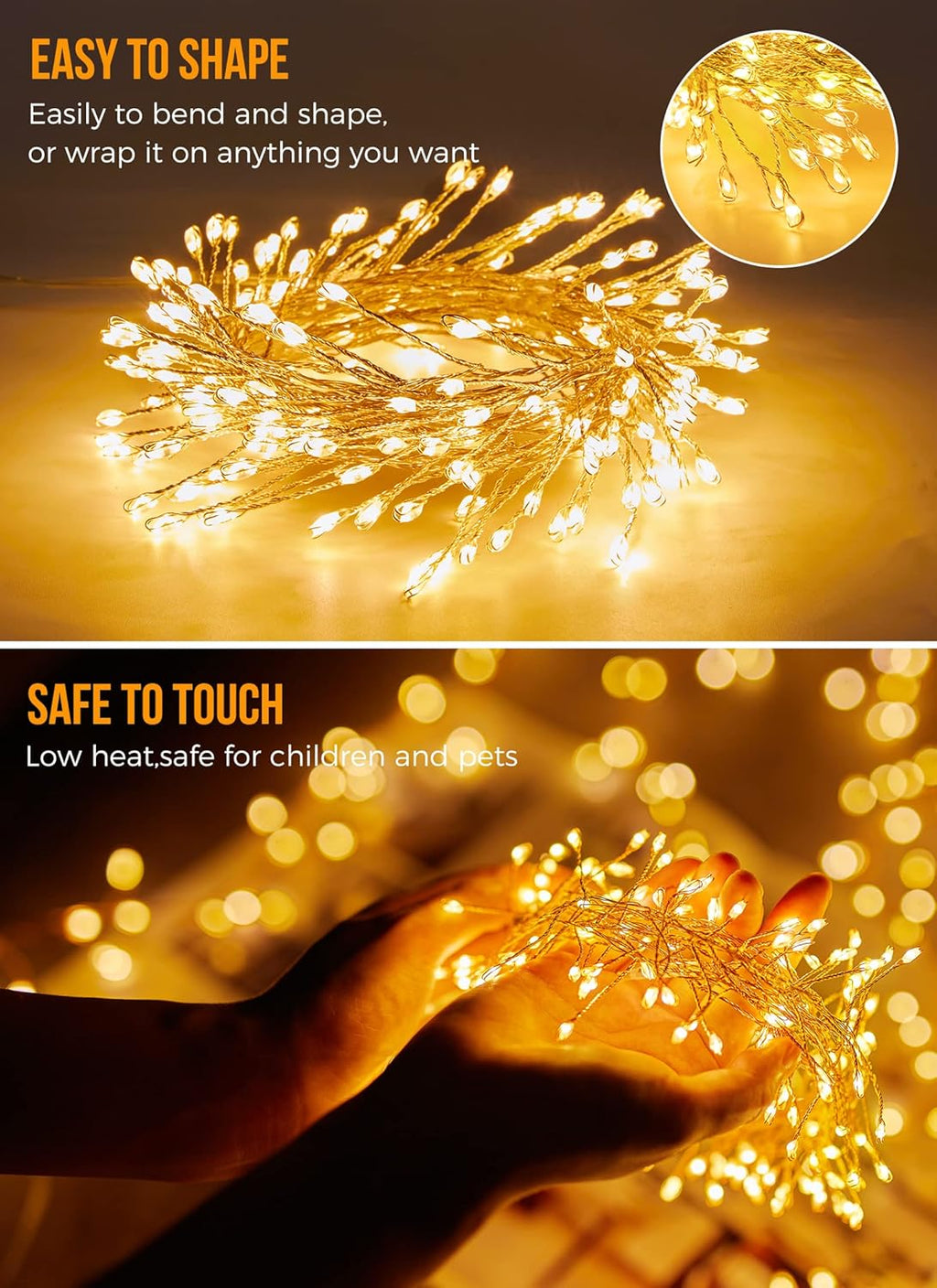 Warm white fairy light strand with starry bulb clusters on bendable silver wire.