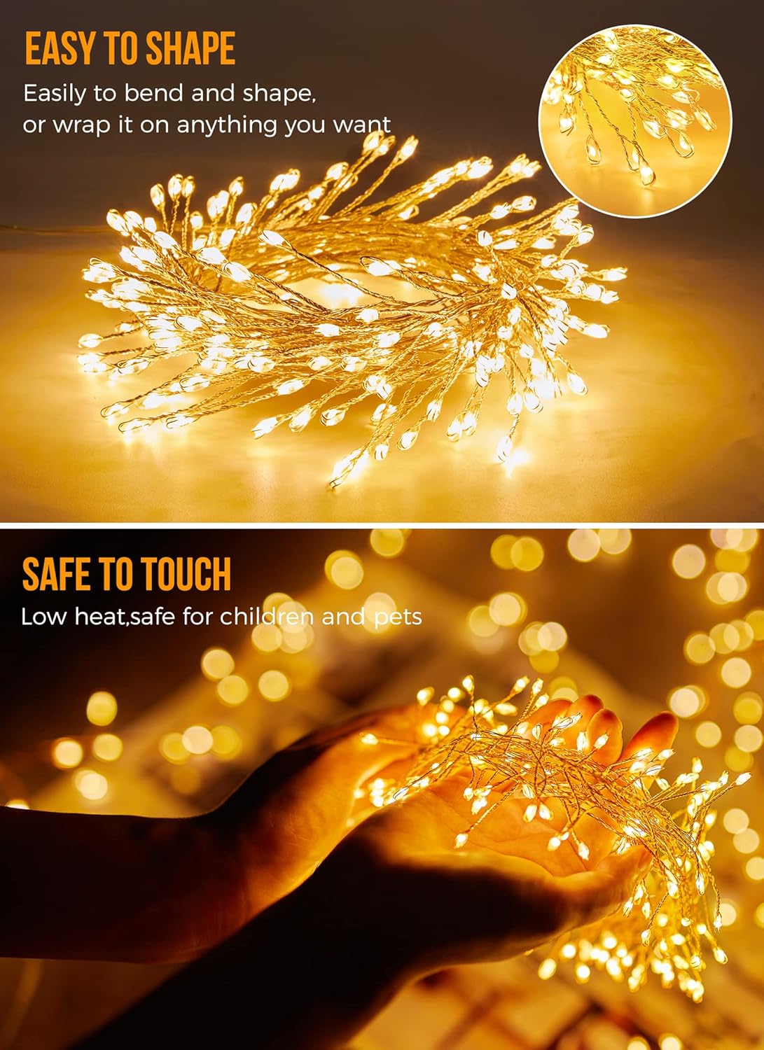 Warm white fairy light strand with starry bulb clusters on bendable silver wire.